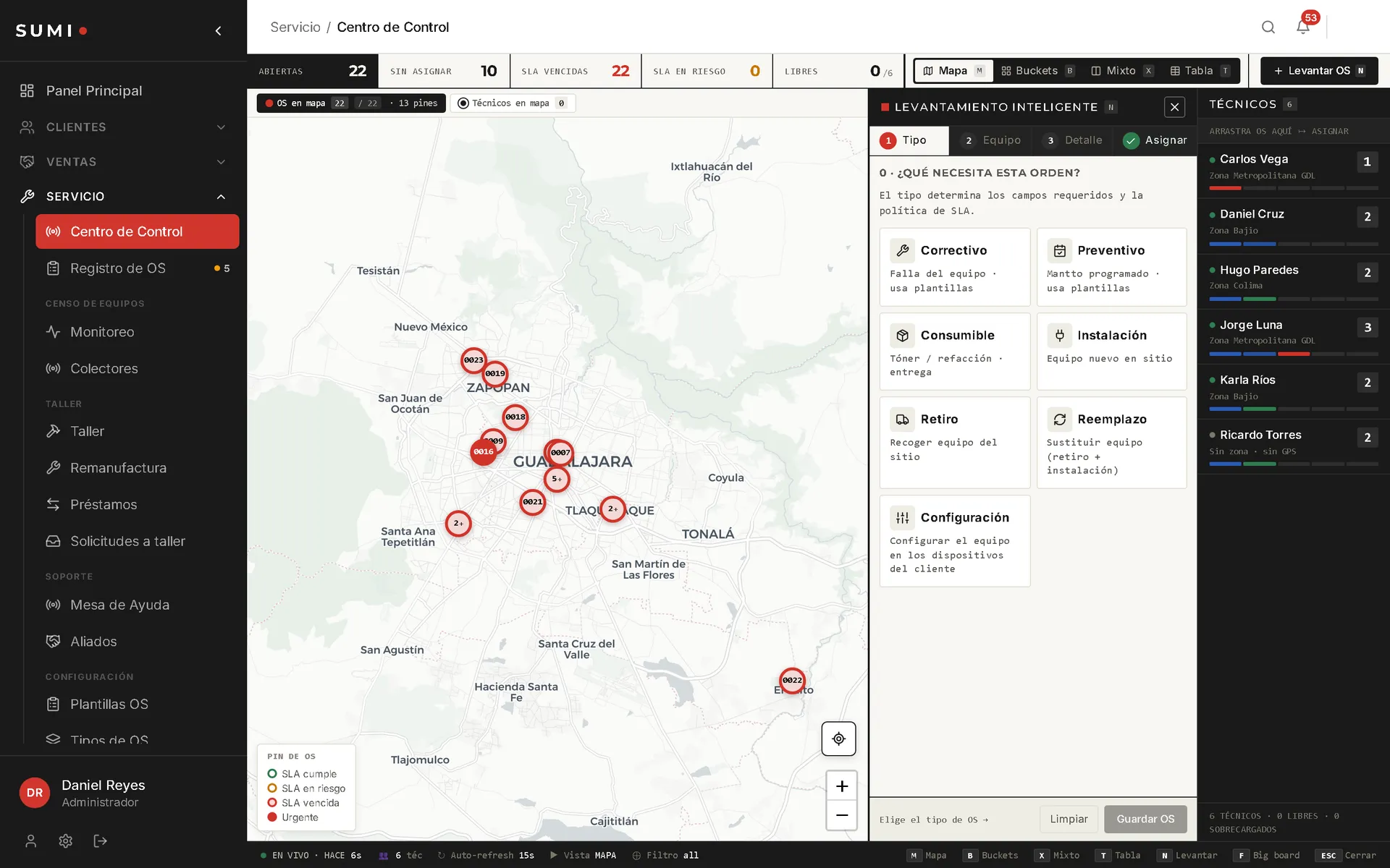 Centro de control con mapa en vivo de SUMI